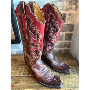 Lucchese Leather Western Cowboy Boots Red & Brown Square Toe Women's Size 9